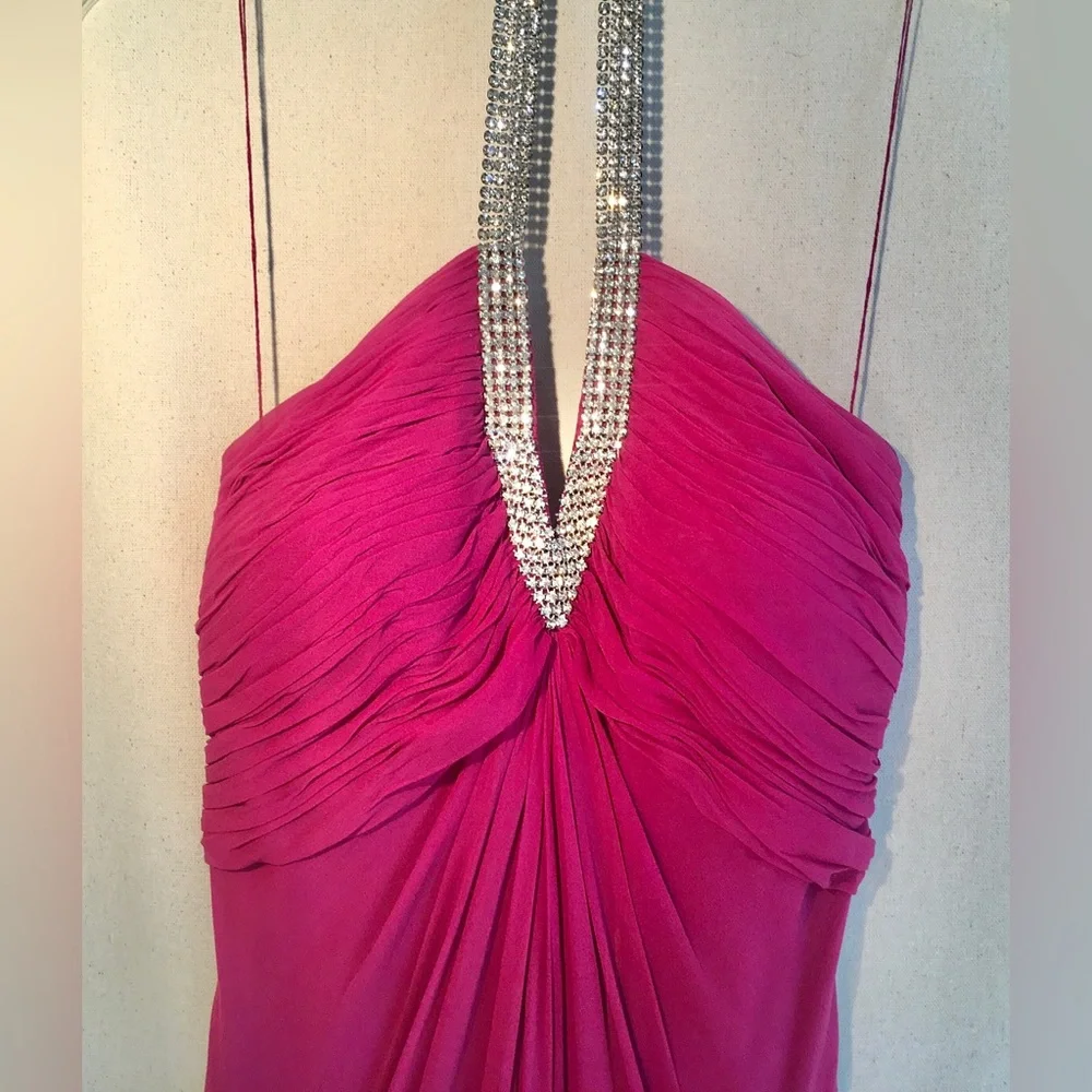 VINTAGE Pink empire waist silk maxi dress halter top deep V neck rhinestones Sz6 - Picture 14 of 14